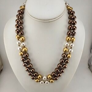 Vintage Japan Two Strand Faux Pearl‎ Necklace Brown Gold White Estate Jewelry